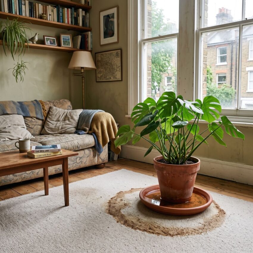 a large leafy houseplant positioned in the corner of the room in a simple terracotta pot resting on a matching terracotta saucer