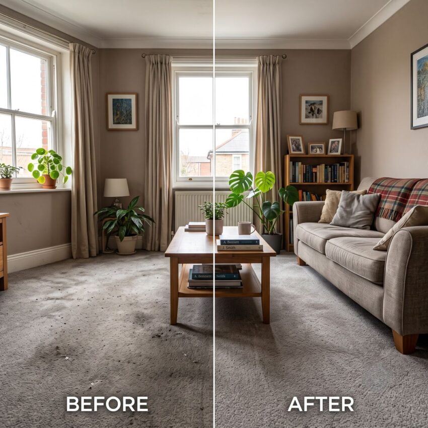 a perfectly aligned 50/50 split-screen comparison of the same lived-in upper-floor apartment living room in South London before and after professional carpet cleaning